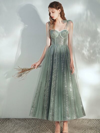 Green A -line Tulle Lace Tea Length Prom Dress Green Evening Dress