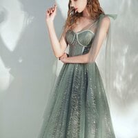 Green A -line Tulle Lace Tea Length Prom Dress Green Evening Dress - Thumbnail 1