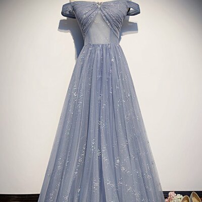 Strapless blue tulle beaded long a line off shoulder prom dress, evening dress