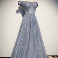 Strapless Blue Tulle Beaded Long A Line Off Shoulder Prom Dress, Evening Dress - Thumbnail 1