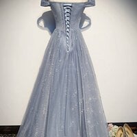 Strapless Blue Tulle Beaded Long A Line Off Shoulder Prom Dress, Evening Dress - Thumbnail 2