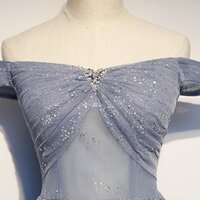 Strapless Blue Tulle Beaded Long A Line Off Shoulder Prom Dress, Evening Dress - Thumbnail 3