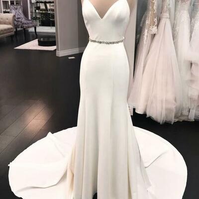 Sheath/column spaghetti straps sweep/brush train long prom dresses elegant evening dresses