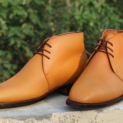 Crafted leather men's handmade tan brown lace up chukka boots - Thumbnail 5