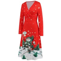  Christmas Dress, Printed Dress, Long Sleeves Dress,Red Dresses，Snow man - Thumbnail 3