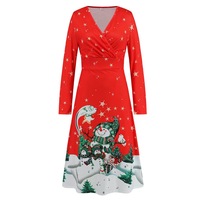  Christmas Dress, Printed Dress, Long Sleeves Dress,Red Dresses，Snow man - Thumbnail 4