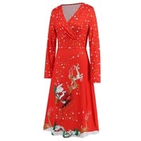 Christmas Dress, Printed Dress, Long Sleeves Dress,Red Dresses，Reindeer - Thumbnail 3