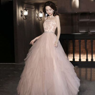 Pink strapless tulle long ball gown with flowers - Thumbnail 2