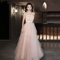 Pink Strapless Tulle Long Ball Gown with Flowers - Thumbnail 1