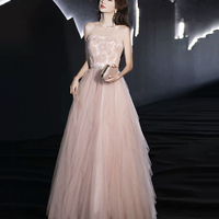 Pink Strapless Tulle Long Ball Gown with Flowers - Thumbnail 2
