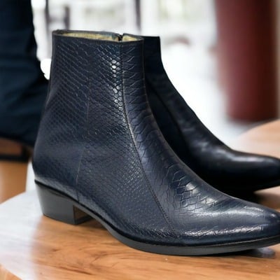 Handmade men's ankle high, blue python leather side zipper boot, designer boot - Thumbnail 1