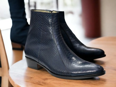 Handmade Men's Ankle High, Blue Python Leather Side Zipper Boot, Designer Boot