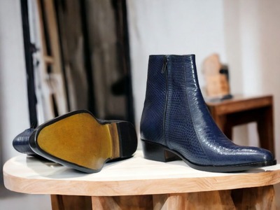 Ankle High Men's Blue Python Leather Side Zipper Boot, Luxury Boot