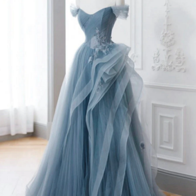 A line off shoulder tulle lace gray blue long prom dress, blue long formal dress kpp1593