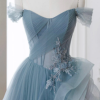 A Line off Shoulder Tulle Lace Gray Blue Long Prom Dress, Blue Long Formal Dress KPP1593 - Thumbnail 1