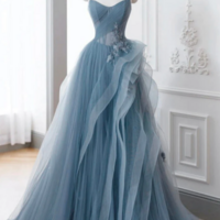 A Line off Shoulder Tulle Lace Gray Blue Long Prom Dress, Blue Long Formal Dress KPP1593 - Thumbnail 2