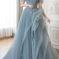 A Line off Shoulder Tulle Lace Gray Blue Long Prom Dress, Blue Long Formal Dress KPP1593 - Thumbnail 3