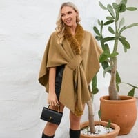  Fur Collar Cape, Winter Shawl, Cape for Winter Wedding Party, Woolen Cape - Thumbnail 3