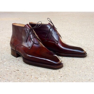 Handmade Men Dark Burgundy Leather Chukka Lace Up Boot