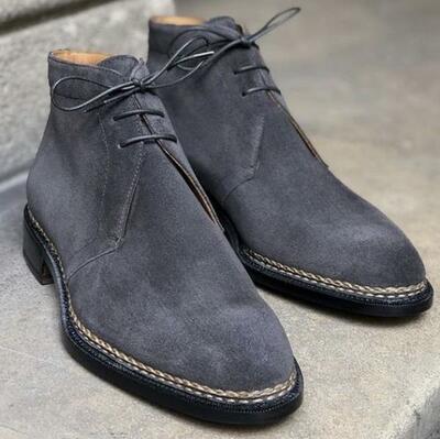 Handmade Men's Grey Chukka Suede Leather Lace up Boot