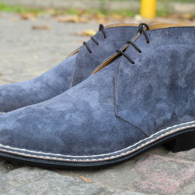 Classic handmade gray suede leather norwegian welted chukka lace up boot - Thumbnail 3