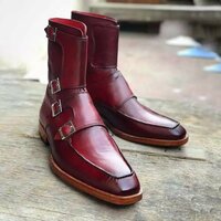 New Handmade Men Burgundy Monk Strap Ankle High Boot - Thumbnail 1