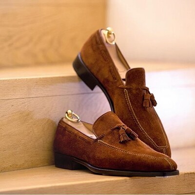 Handmade Men Brown Suede Tassel Loafers Dress Shoes