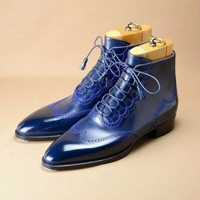 Men handmade blue wingtip ankle high lace up boot - Thumbnail 3