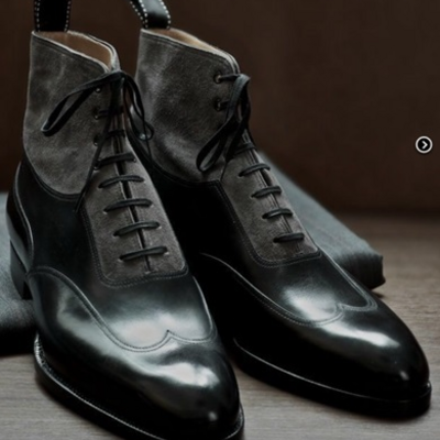 Men's two tone black gray contrast high ankle suede genuine leather laceup boots - Thumbnail 3