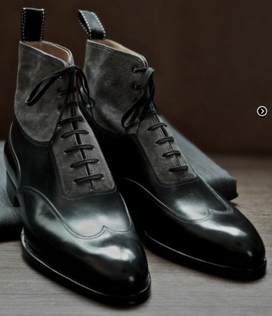 Men's Two Tone Black Gray Contrast High Ankle Suede Genuine Leather Laceup Boots