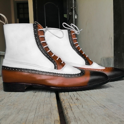 Mens handmade brown black white ankle high leather lace up wing tip brogue dress boot - Thumbnail 3