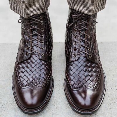 Handmade dark brown woven leather ankle high boot - Thumbnail 3