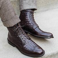 Handmade Dark Brown Woven Leather Ankle High Boot - Thumbnail 1