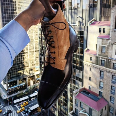 Black Leather Brown Suede Ankle High Lace up Mens Boot