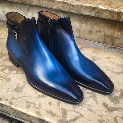 Handmade blue leather buckle ankle high zipper boot - Thumbnail 2