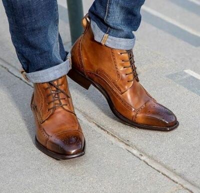 Handmade Men Tan Brown Wingtip Brogue Ankle High Lace up Boots