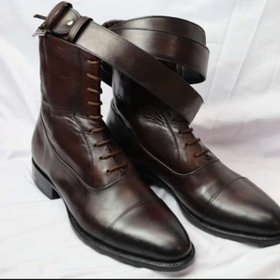 Dark brown classic handmade ankle high lace up boot with matching belt - Thumbnail 3