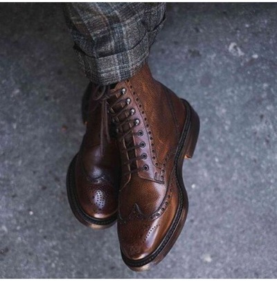 Handmade Men's Brown Wingtip Brogue Leather Ankle High Lace up Boots