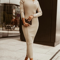 Women'S Button Ribbed Long Sleeved Dress - Thumbnail 2