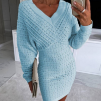 Solid Color Women'S V-Neck Elegant Long Sleeved Dress - Thumbnail 1