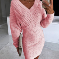 Solid Color Women'S V-Neck Elegant Long Sleeved Dress - Thumbnail 2