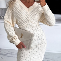 Solid Color Women'S V-Neck Elegant Long Sleeved Dress - Thumbnail 3