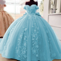 Sweet 16 Dresses Blue Tulle Sequined Quinceanera Dresses Strapless Lace Ball Gown Style - Thumbnail 1