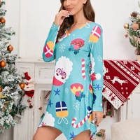 Christmas Printed Dress, Short Dress, Long Sleeves Dress, Blue Christmas gift - Thumbnail 3