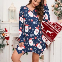Christmas Printed Dress, Short Dress, Long Sleeves Dress,Navy Santa Claus - Thumbnail 2