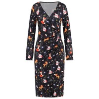 Christmas Printed Dress,V-neck Dresses, Long Sleeves Dress,Black Snowman - Thumbnail 3