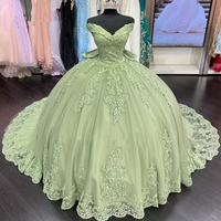 Off Shoulder Sage Green Quinceanera Dresses Lace XV Gown - Thumbnail 1
