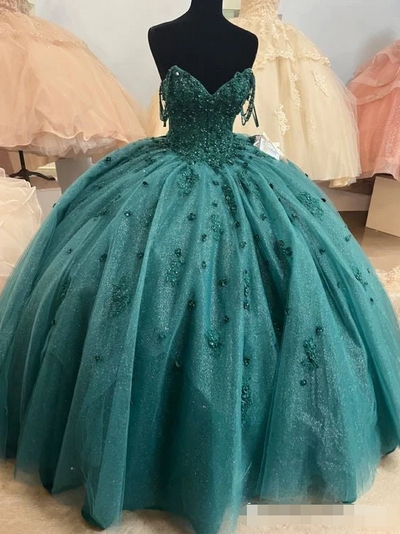 Spaghetti Straps Green Quinceanera Dress Ball Gown Beaded Sweetheart