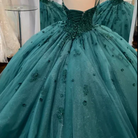 Spaghetti Straps Green Quinceanera Dress Ball Gown Beaded Sweetheart - Thumbnail 2