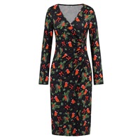 Christmas Printed Dress,V-neck Dresses, Long Sleeves Dress,Black Christmas Tree - Thumbnail 3